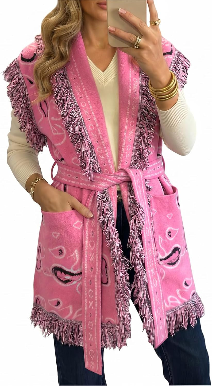 Saodimallsu Womens Sleeveless Long Cardigan Sweaters Fringe Shawl Collar Boho Paisley Wrap Belted Knit Vest with Pockets | Amazon (US)