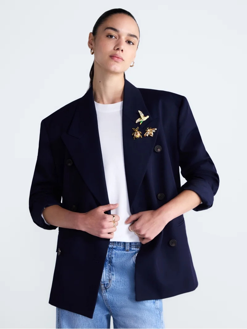 Free Assembly Women's and Women's Plus Embellished Wool Blend Boxy Blazer, Sizes XS-4X | Walmart (US)