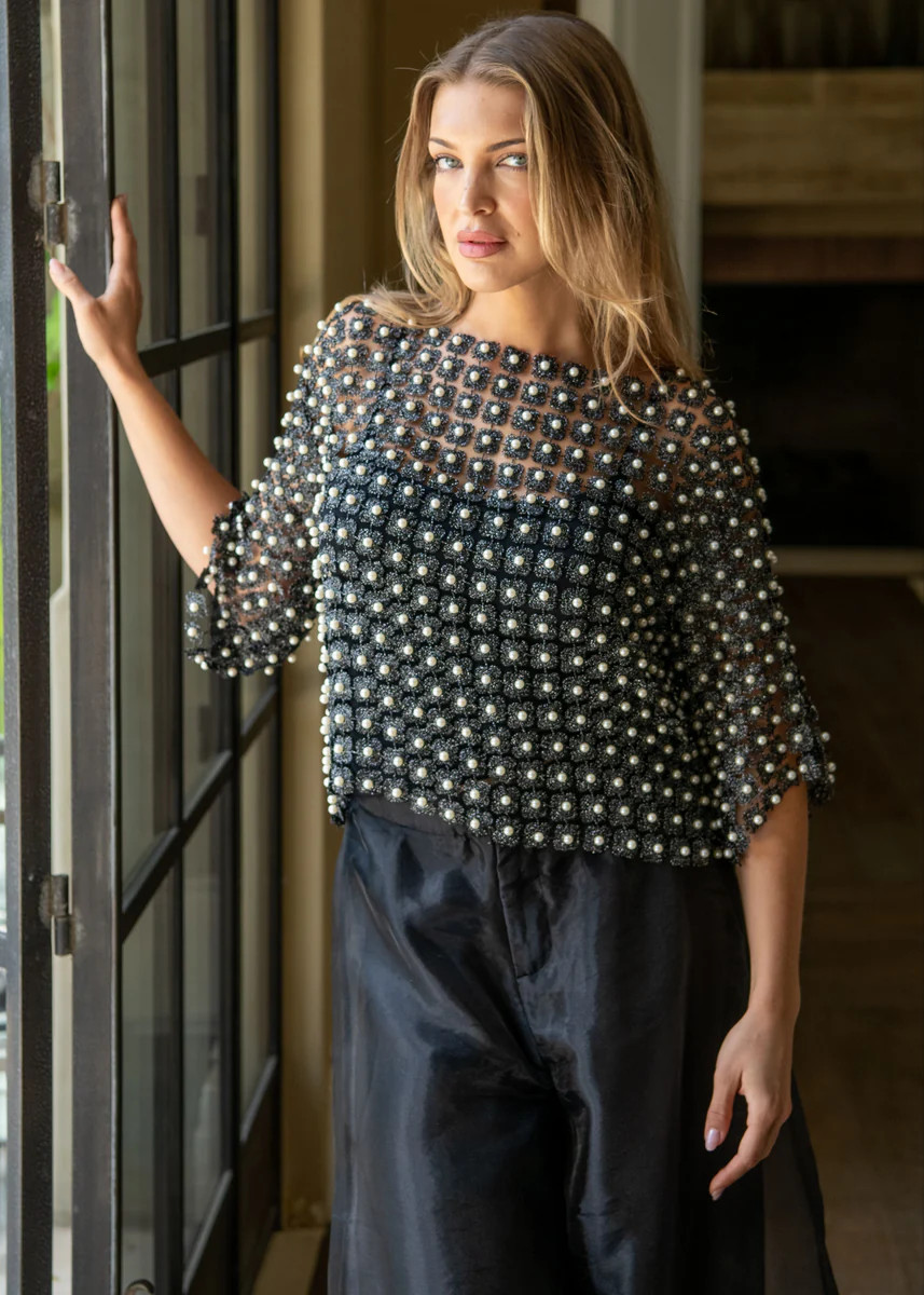 Jade Long Sleeve Floral Pearl Top - Black | Benaar La