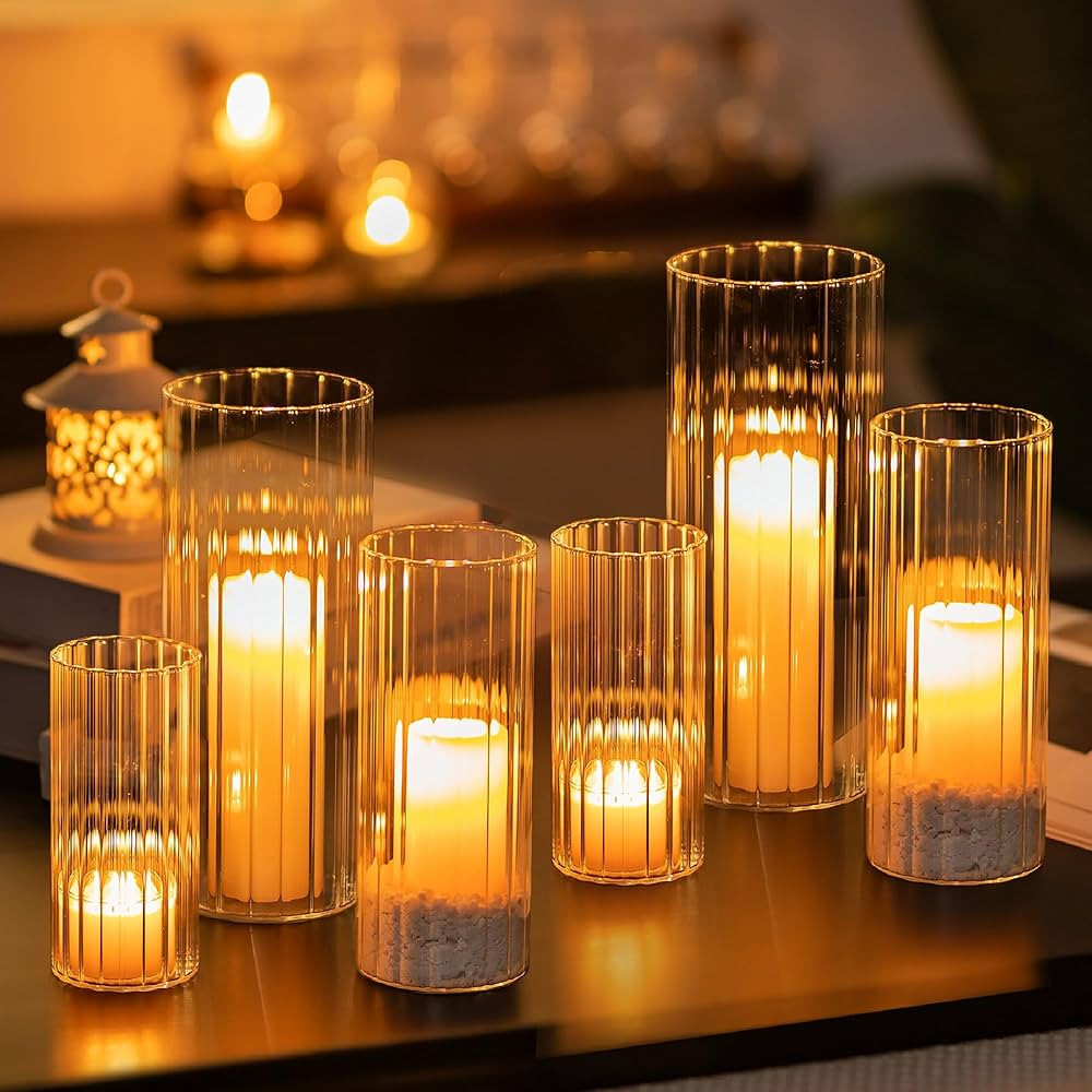 Glasseam Ribbed Glass Candle Holder, Cylinder Candle Holders for Pillar Candles, Clear Hurricane ... | Amazon (US)
