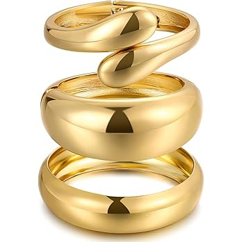 Chunky Gold Bangle Bracelets for Women, Dainty 14k Gold Plated Big Stackable Bangles Set, Trendy ... | Amazon (US)