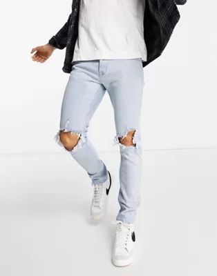 Topman stretch skinny extreme blow out rip jeans in light wash | ASOS (Global)