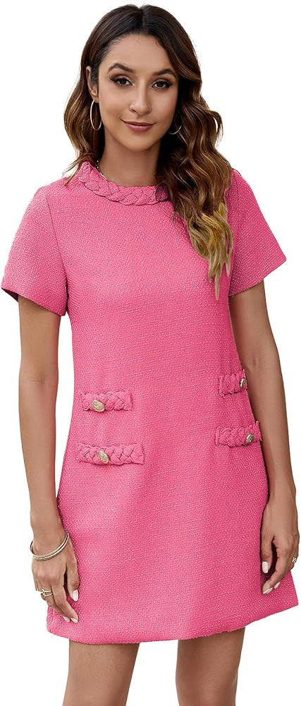 Ladyful Womens Tweed Jackie Dress Short Sleeve Elegant Crew Neck Business Party Vintage Button Bo... | Amazon (US)