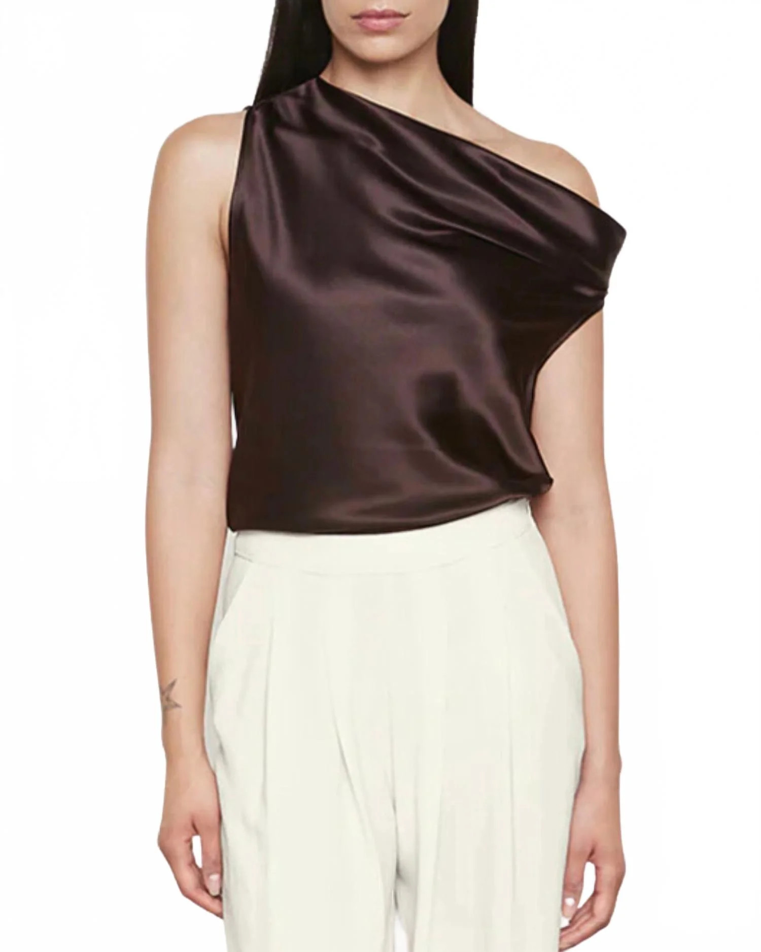 Silk Bias Off-Shoulder Top In Brown | Shop Simon