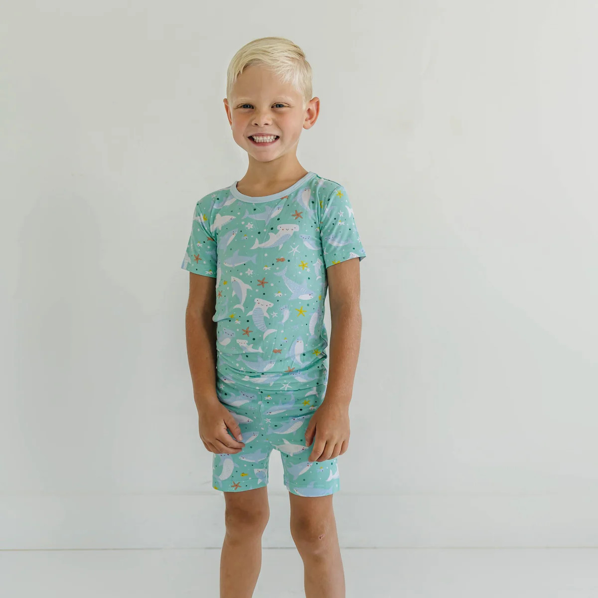 Shark Soiree Two-Piece Short Sleeve & Shorts Bamboo Viscose Pajama Set | Little Sleepies