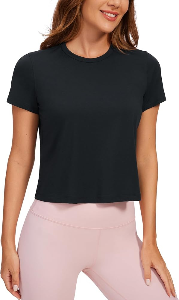 CRZ YOGA Women's Pima Cotton Short Sleeve Crop Tops High Neck Cropped Workout Tops Yoga Athletic ... | Amazon (US)