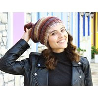 Pompom Knit Slouch Beanie, Multicolor Handknit Hat For Winter, Warm Ombre Slouchy Pompom Beanie Women, Handknit | Etsy (US)