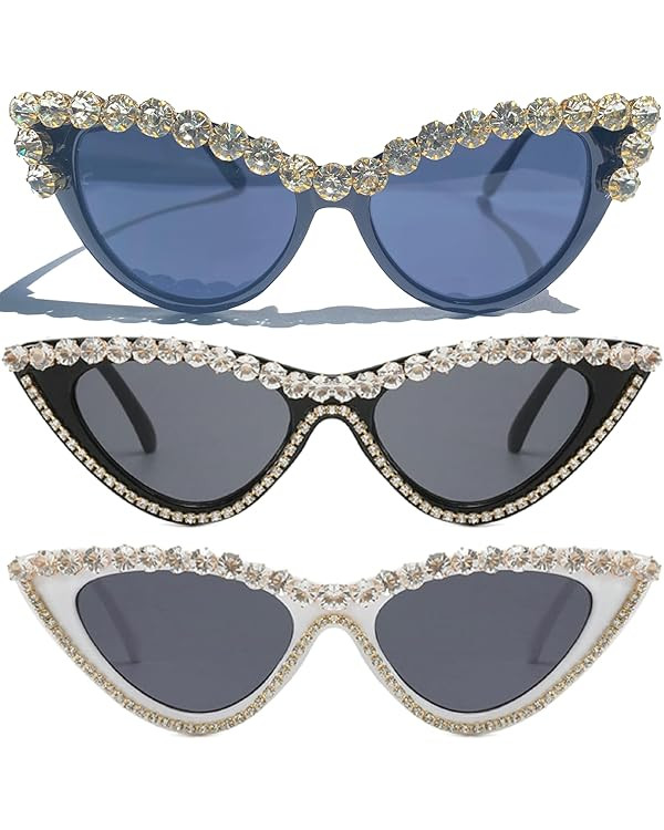 mincl/ Bling Sunglasses Crystal Rhinestone Shades Retro Half Rim Women Cat Eyewear | Amazon (US)