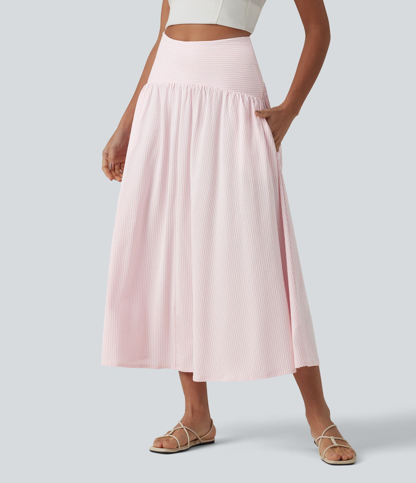 High Waisted Midi Stripes Crinkle Cotton Casual Flowy Skirt with Pockets | HALARA