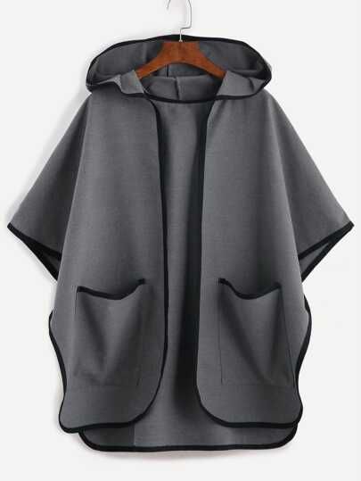 Grey Contrast Binding Open Front Hooded Poncho Coat | SHEIN