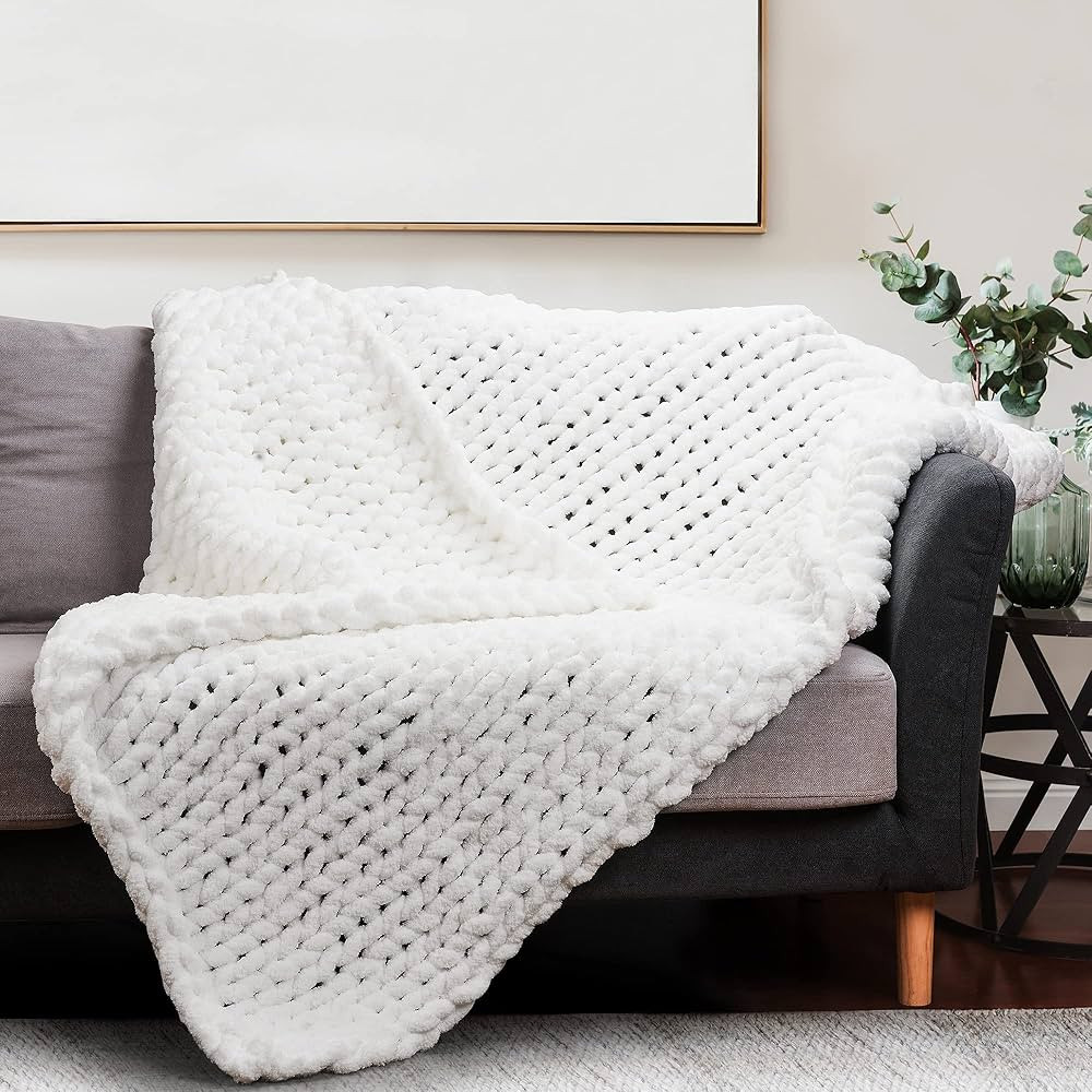 BIRCHIO Chunky Knit Blanket Throw, 100% Hand Knit with Chenille Yarn, White Big Throw Blanket, Su... | Amazon (US)