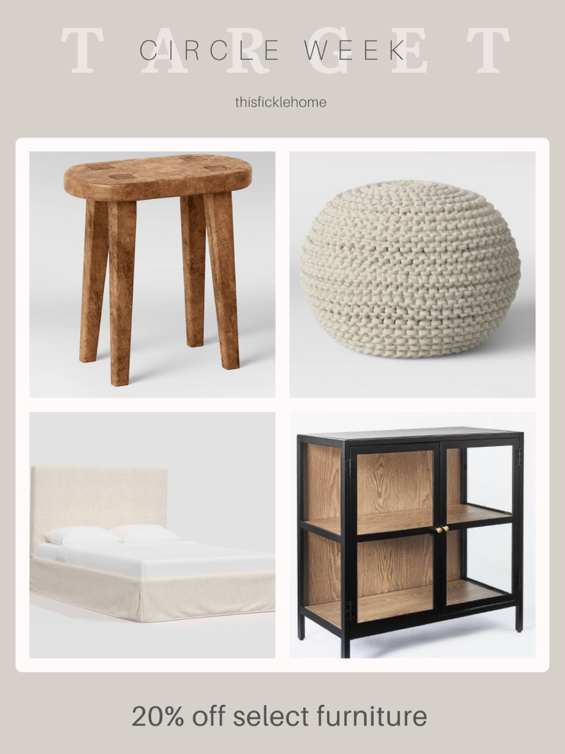 Carved wood accent table, wooden stool, off white slipcovered bed, chunky knit pouf, black 2 door cabinet, Target home finds, Target circle offer.

20% off thru 10/7.

#LTKsalealert #LTKhome