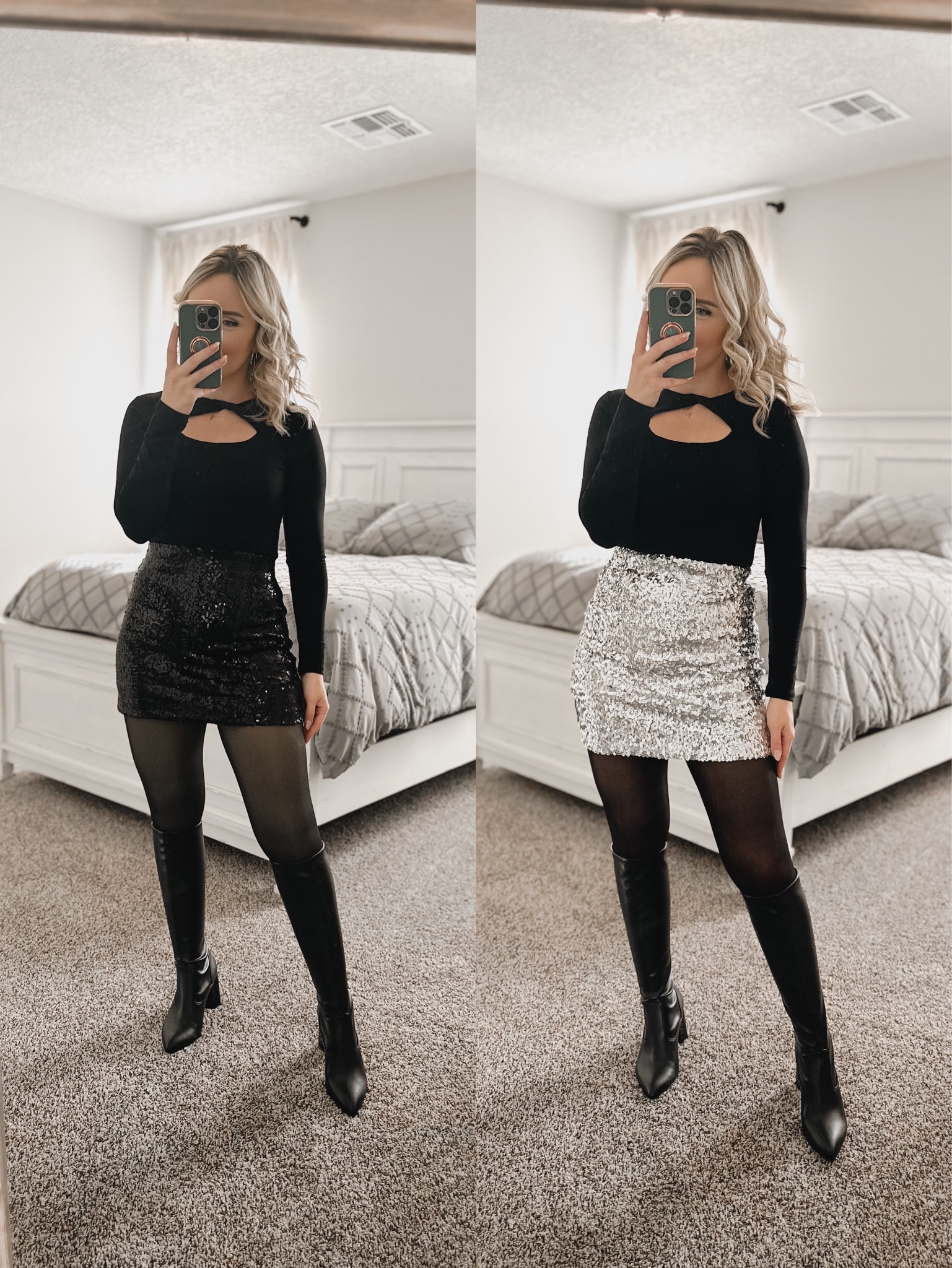 silver sequin dress black tights Anajee Sequin Mini Dress with High Neck and Long Sleeves