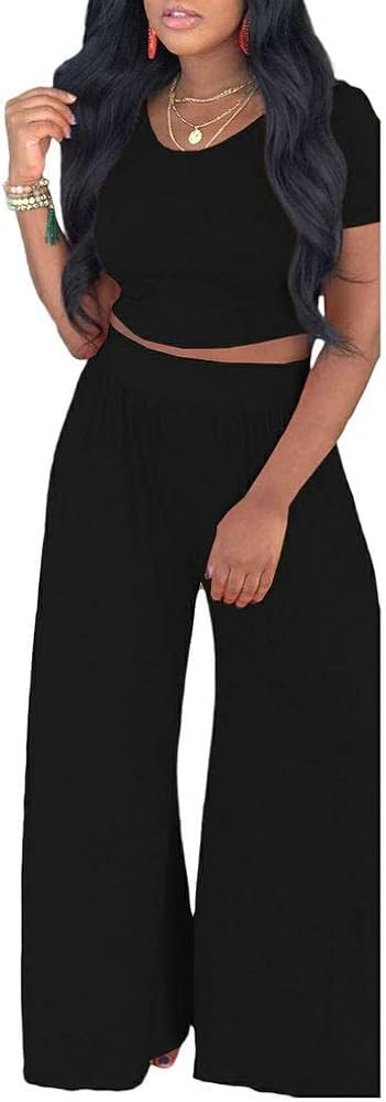 Women's Short Sleeve Jumpsuits Solid Color Crop Top Wide Leg Pants Set Jumpsuit Set | Amazon (US)