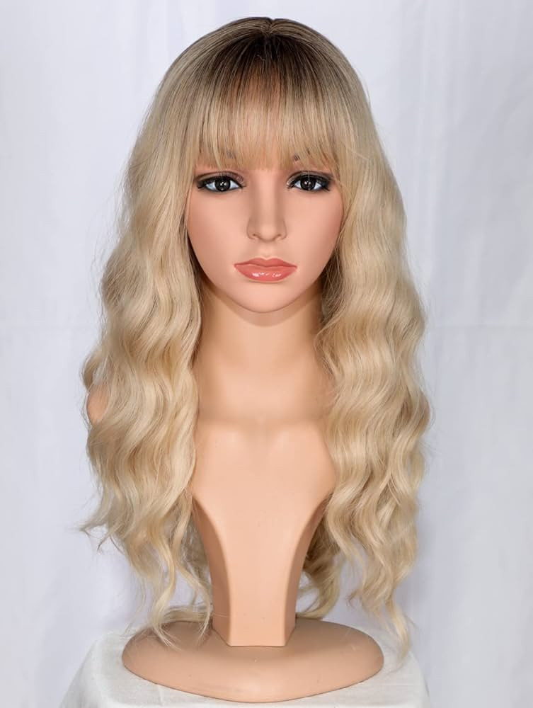 Medium Long Blonde Wavy Wigs For Women Synthetic Full Hair Wigs With Bangs For Daily Use (Blonde) | Amazon (US)