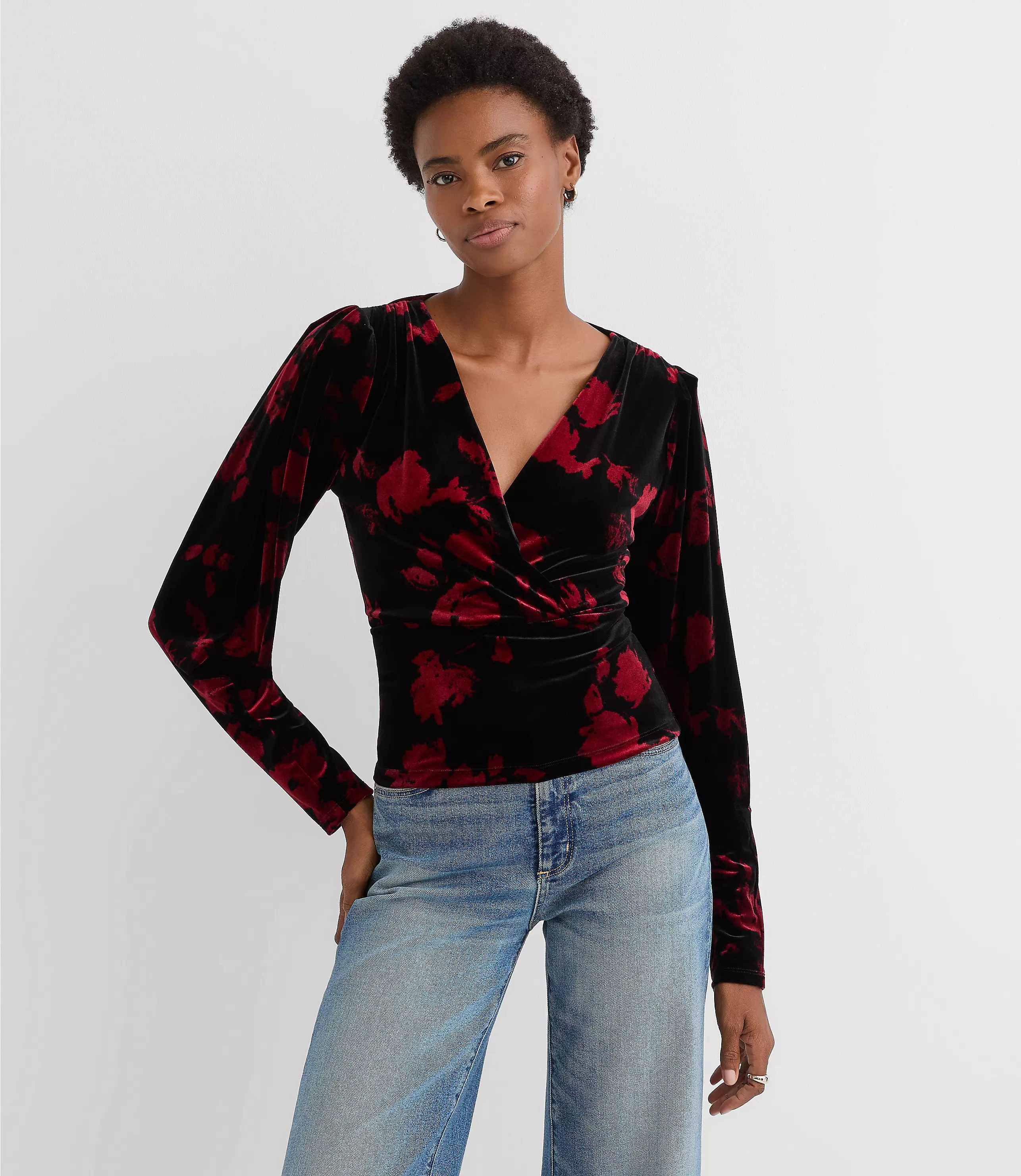 Petite Floral Velvet Puff Sleeve V-Neck Top | LOFT