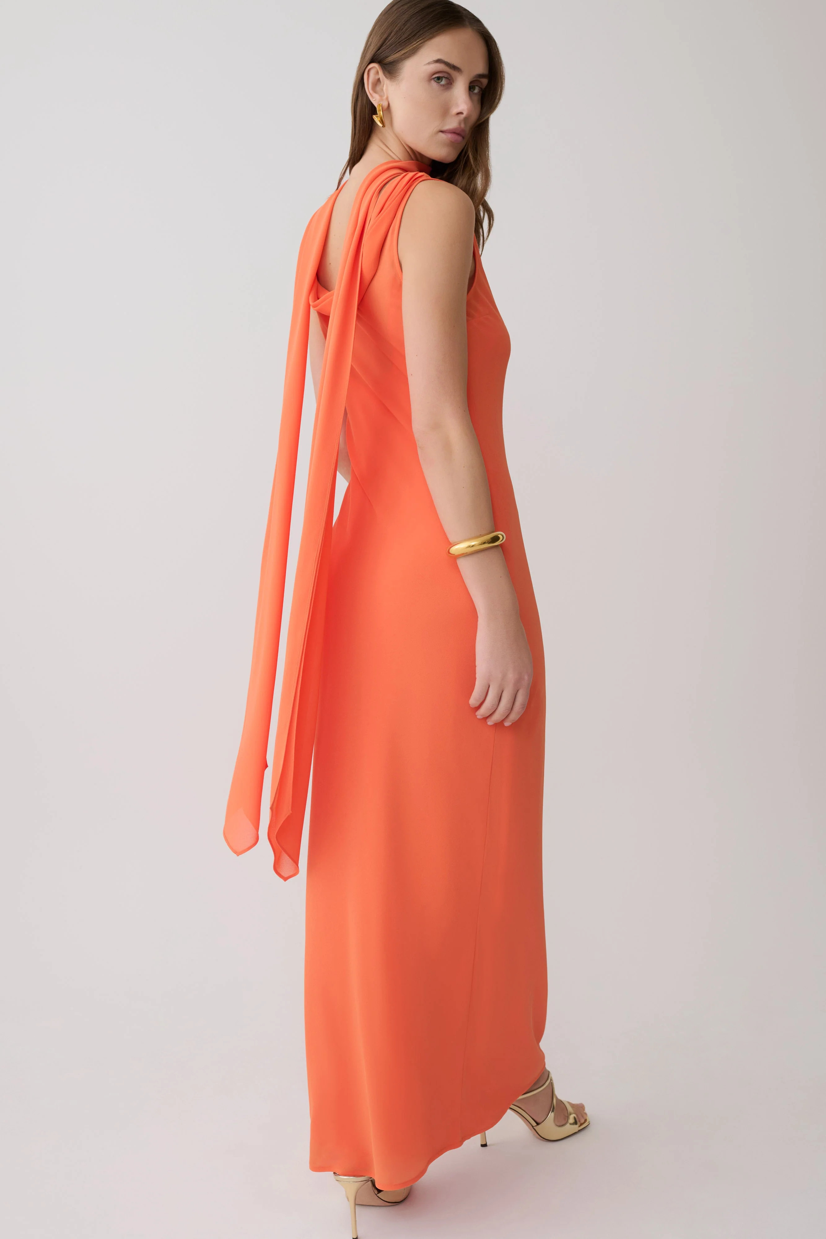 Dakota Chiffon Maxi Dress With Scarf - Orange | Meshki UK