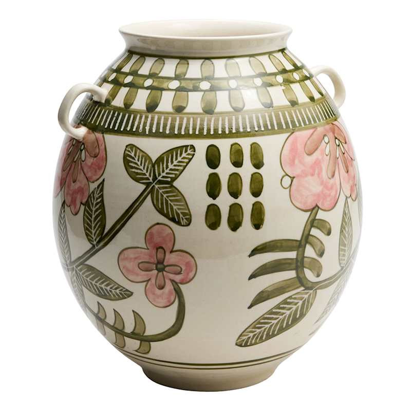 Green & Pink Hand Painted Floral Ceramic Vase, 11" | At Home
