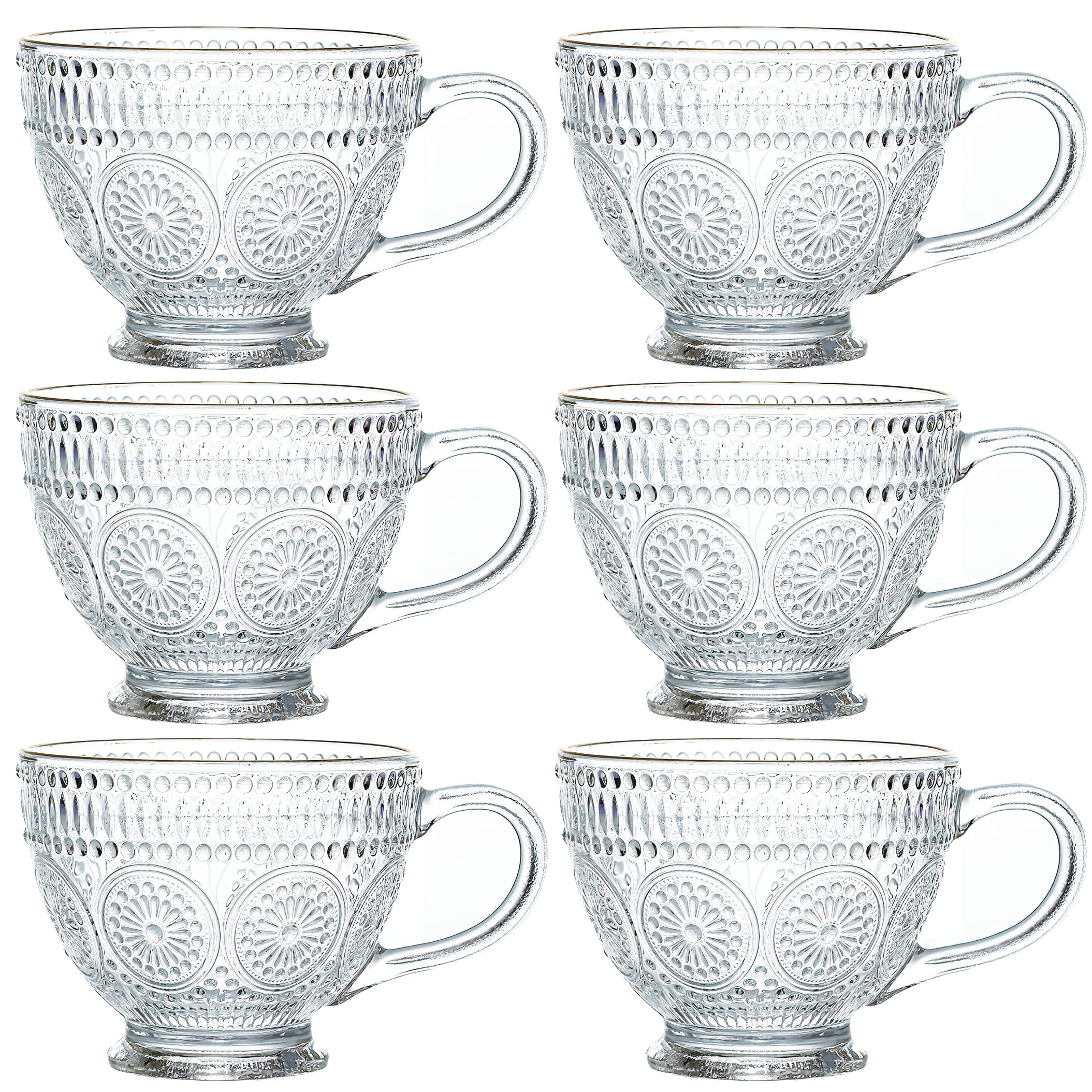 Kingrol Glass Coffee Mugs with Handles, 6 Pack 12.5 Ounces Embossed Tea Cups, Vintage Drinking Gl... | Amazon (US)