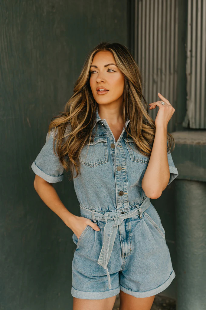 Elise Short Sleeve Denim Romper | She Is Boutique