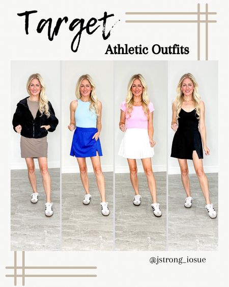 Target athletic outfits! Brown ribbed dress has removable padding and shorts. Black windbreaker is easy to pack, ruched sleeves, hoodie and zipper pocket on the back. Skirts have shorts. Blue tank has removable padding. Pink top is seamless and thick. Black dress is a corset style, adjustable straps and scoop back!

#LTKstyletip #LTKfindsunder50