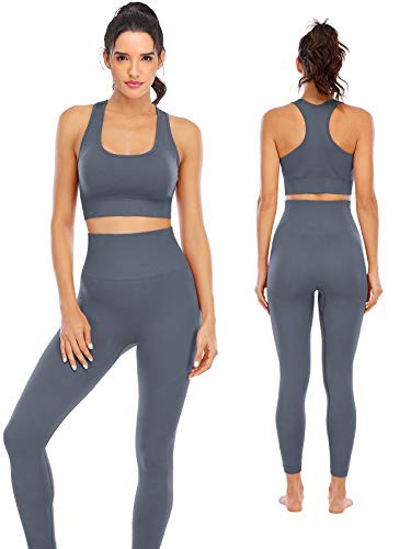 Workout Sets for Women 2 Piece High Waisted Seamless Leggings with Padded Stretchy Sports Bra Sets Yoga Outfit Jogging Gym Clothes (NA007L- Grey) | Amazon (US)
