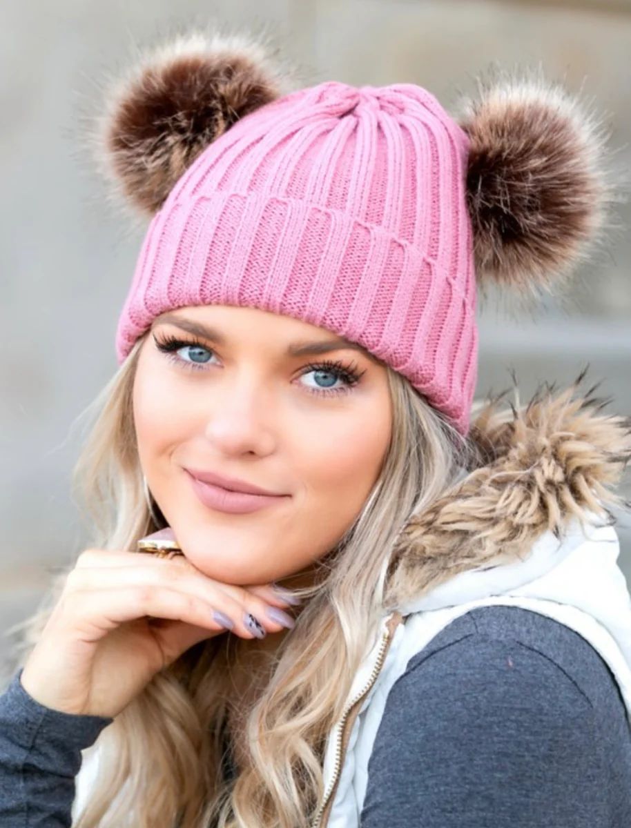 Fuzzy Double Pom Beanie- Vintage Pink | Willow Boutique