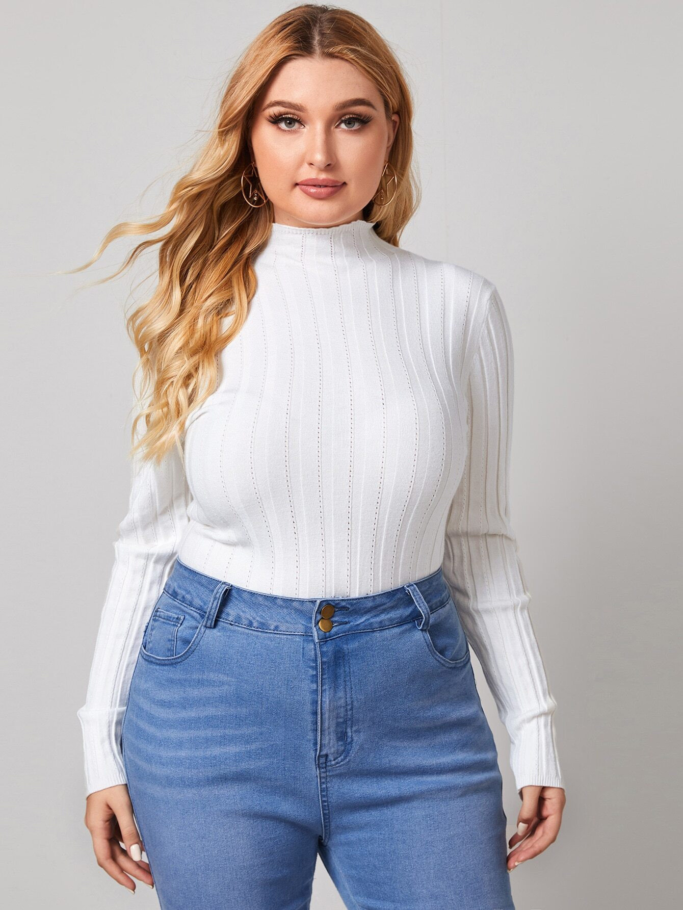 Plus Solid Stand Collar Knit Sweater | SHEIN