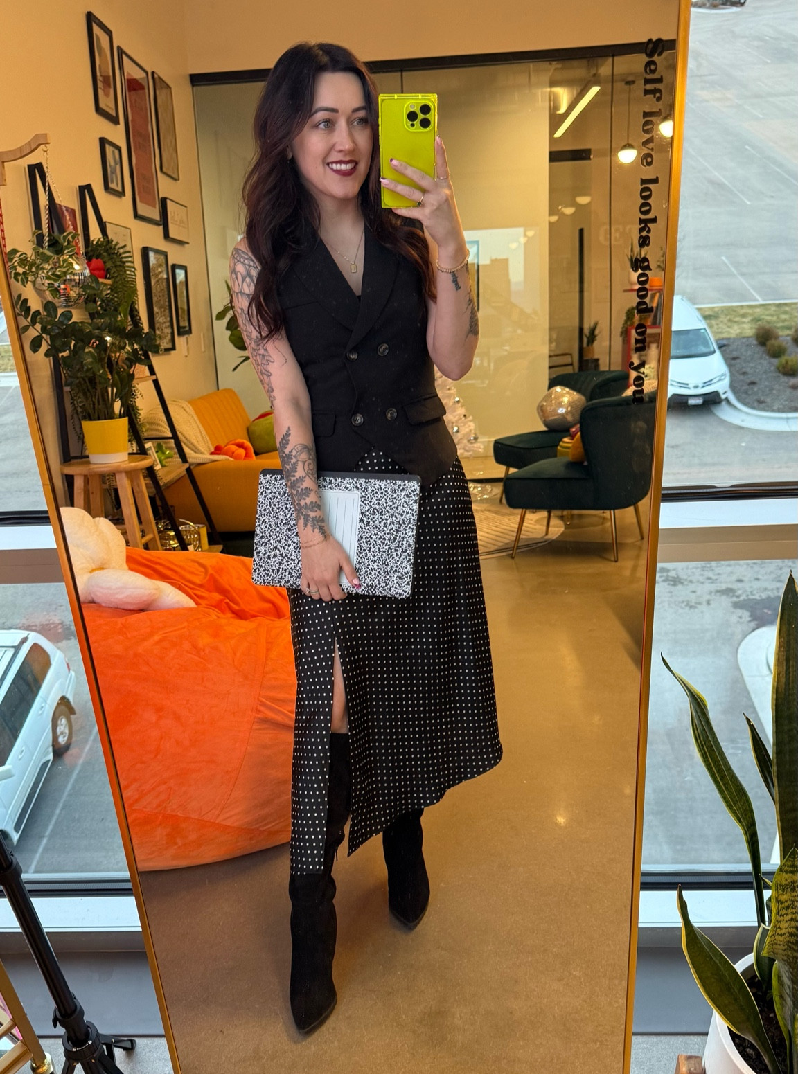 Black polka dot slip dress with black heeled boots 

#LTKSaleAlert #LTKWatchNow #LTKSeasonal