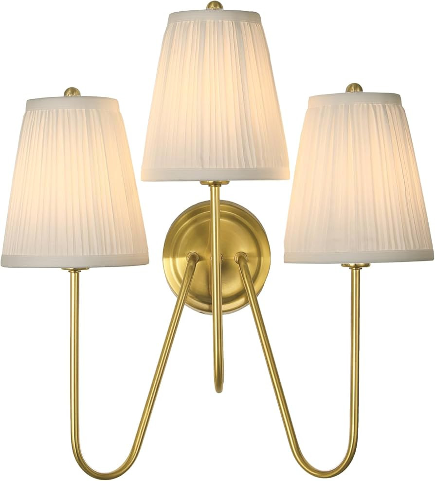 Electro bp; Elegant Triple Sconce Polished Gold Curved Metal Arm with Warm White Pleated Fabric L... | Amazon (US)