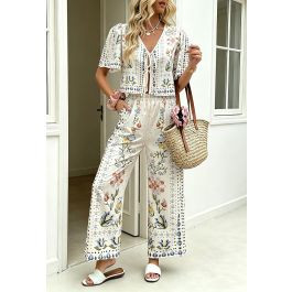 Botanical Print Flutter Sleeve Tie-Front Top and Pants Set for Weekend Getaways & Vacations | Chicwish