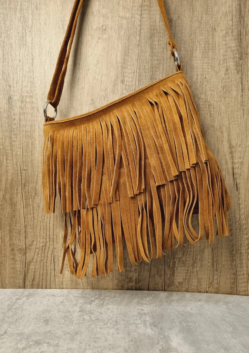 Soft Real Suede Leather Brown Fringe Tassel Crossbody Bag/ Suede Leather Tan Shoulder Bag Fringe ... | Etsy (US)