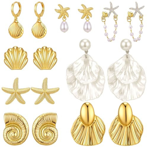 Nosiny 8 Pairs Beach Earrings for Women Gold Starfish Seashell Pearl Drop Shell Conch Earrings Summer Ocean Beachy Jewelry | Amazon (US)