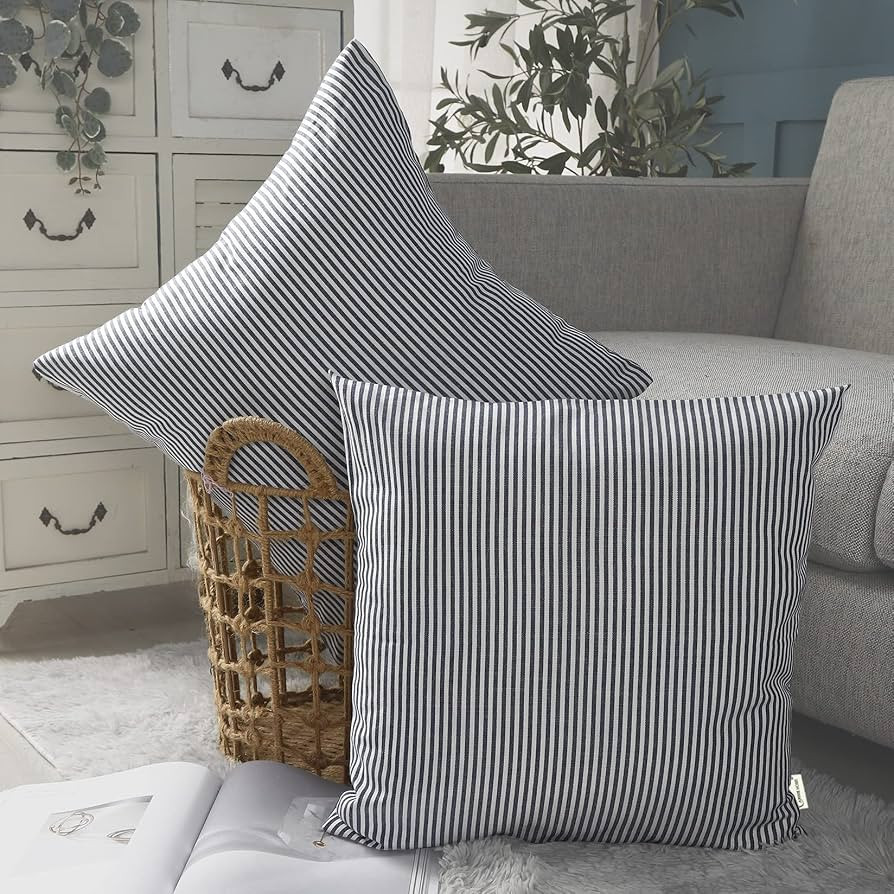 Nautical Navy Blue and White Striped Outdoor Throw Pillow Covers 18x18 | Amazon (US)