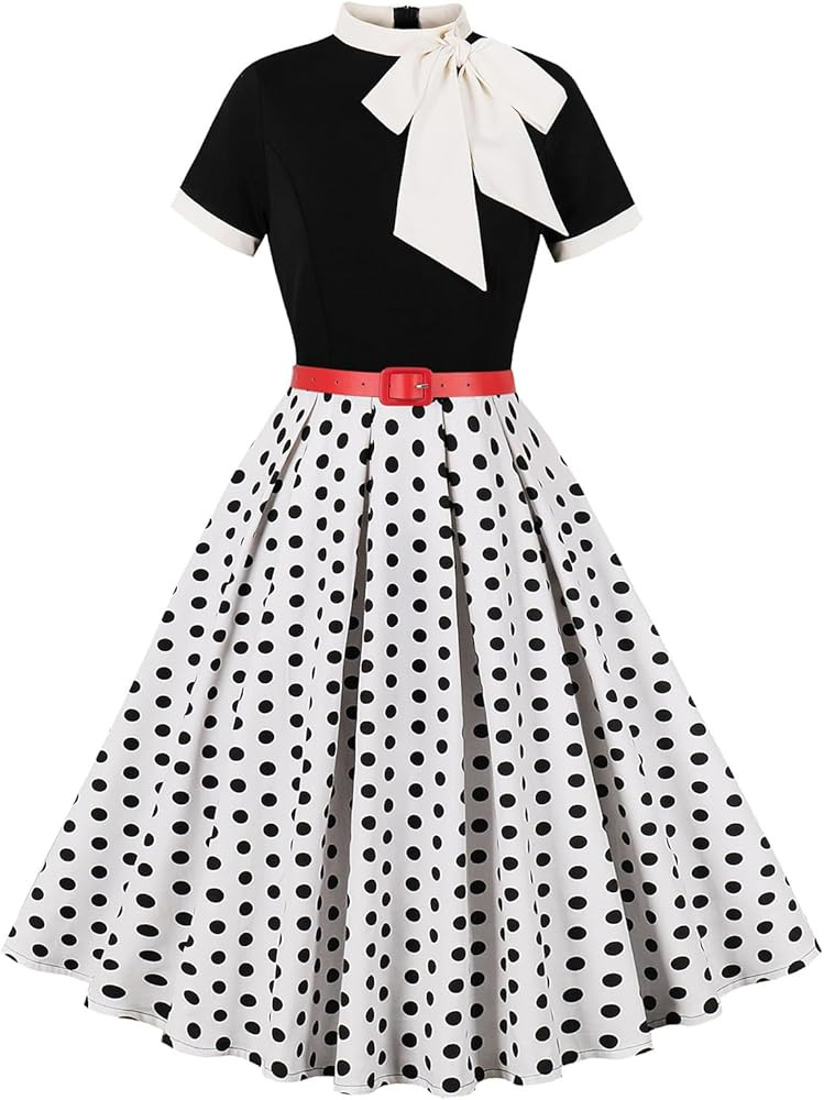 50s Style Dresses for Women Vintage Short Sleeve Tie Neck Swing Dress Midi Prom Dress with Belt | Amazon (US)