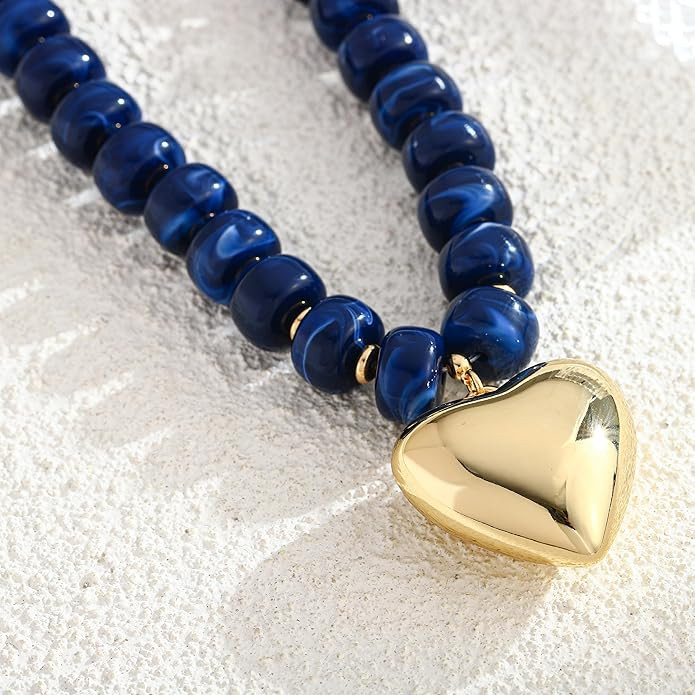 CLASSYZINT Colorful Chunky Beaded Necklace with Gold Puff Heart Pendant Statement Necklace for Wo... | Amazon (US)