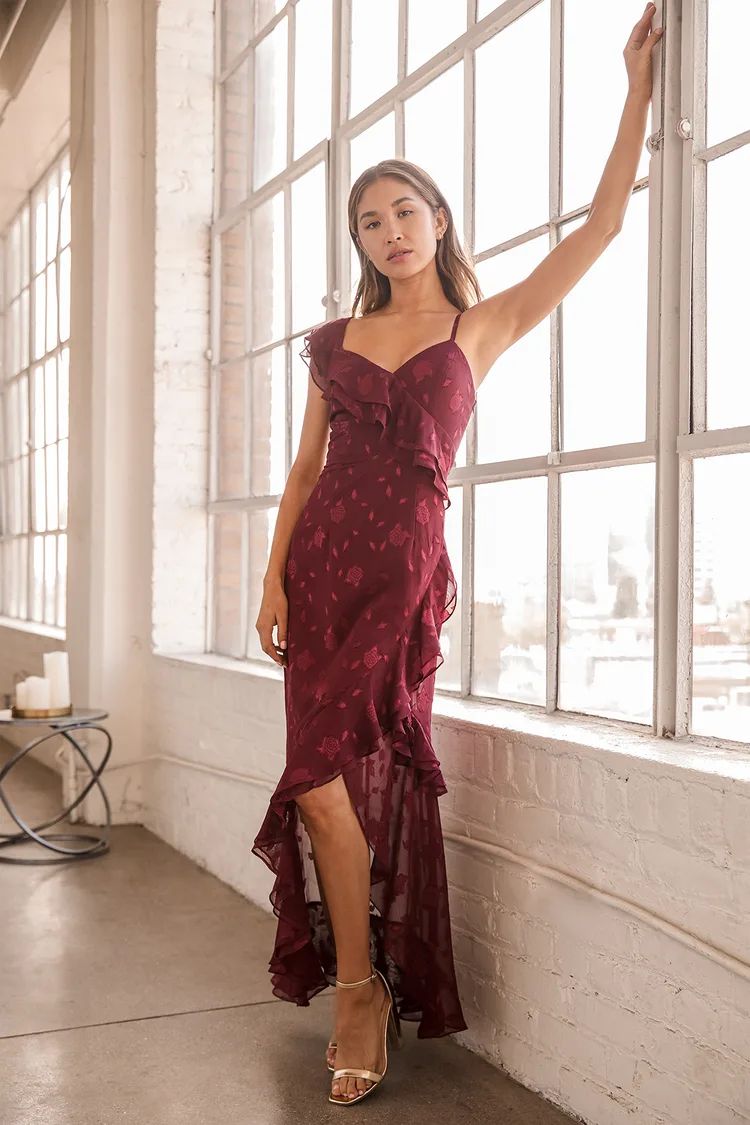 Forever Be Burgundy Floral Jacquard Ruffled Maxi Dress | Lulus (US)