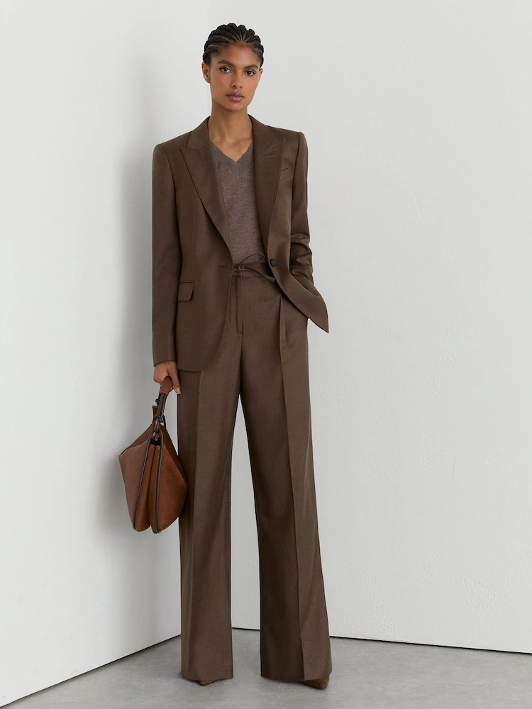 Mokkabruin - Reiss Derby Wool-Blend Wide-Leg Drawstring Trousers | Next EU