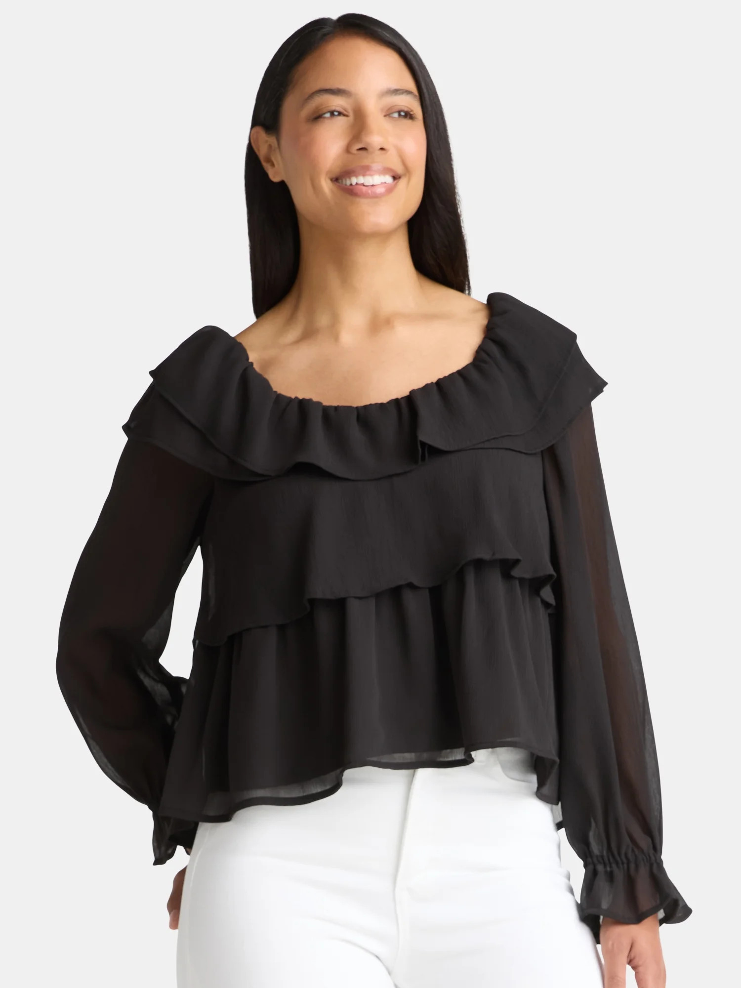 Time and Tru Women's Ruffle Neck Blouse with Long Sleeves, Sizes XS-3XL | Walmart (US)