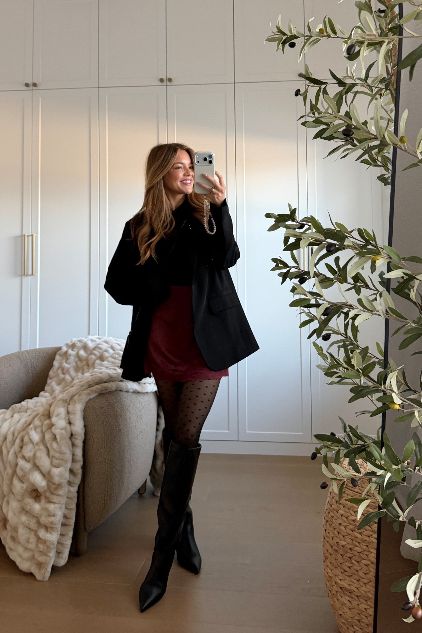 bodysuit: xs // skort: xs // blazer: small // boots: true to size // lip: infinite raspberry 