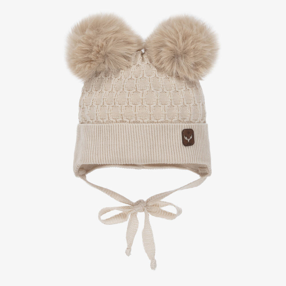 Beige Viscose Knit Baby Pom-Pom Hat | Childrensalon