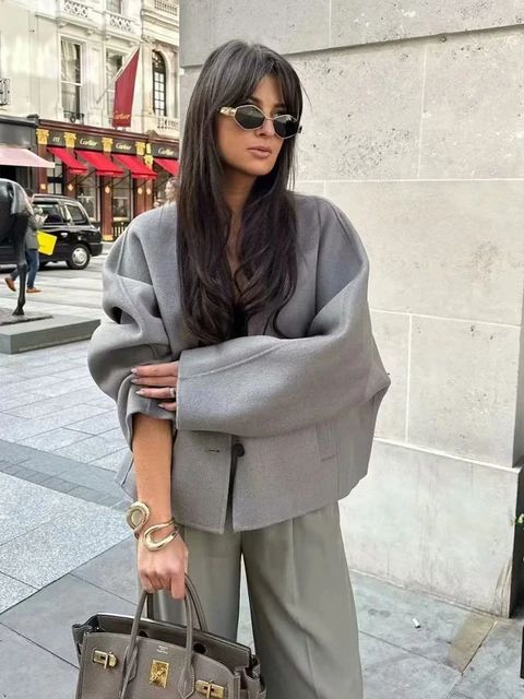 SLTNX TRAF-casaco de lã de manga comprida para mulheres, decote em v, jaqueta chique de peito ú... | Aliexpress BR (BR)