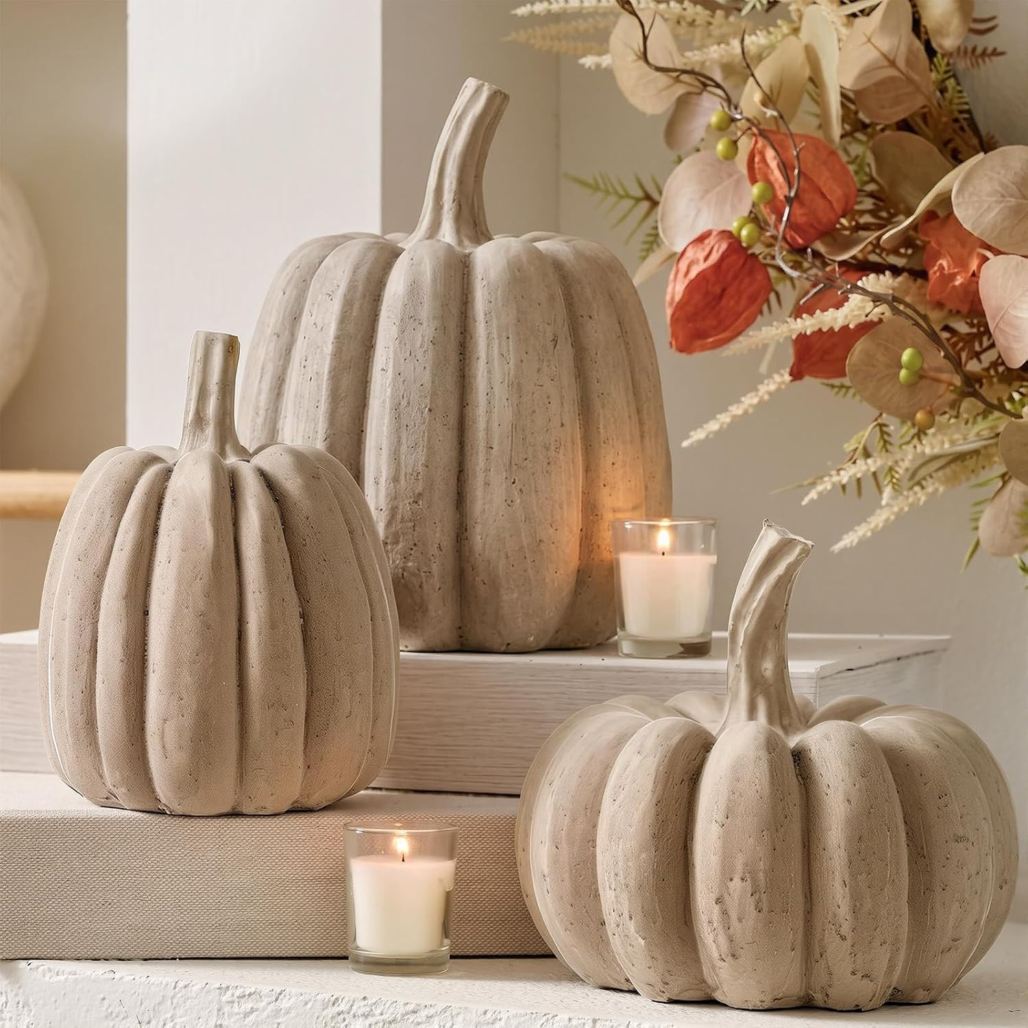3 Pcs Large Rustic Artificial Pumpkin Stackable Pumpkin Decor, Blonde | Amazon (US)