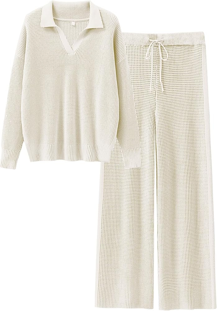 ANRABESS Womens Two Piece Outfits Sweater Sets Waffle Knit Pullover Wide Leg Pants Tracksuit Swea... | Amazon (US)