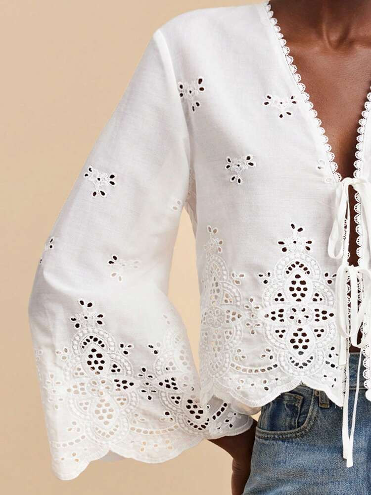 Travachic Deep V Neck White Summer Boho Holiday Vacation Blouse For Women,Eyelet Lace Embroidery ... | SHEIN