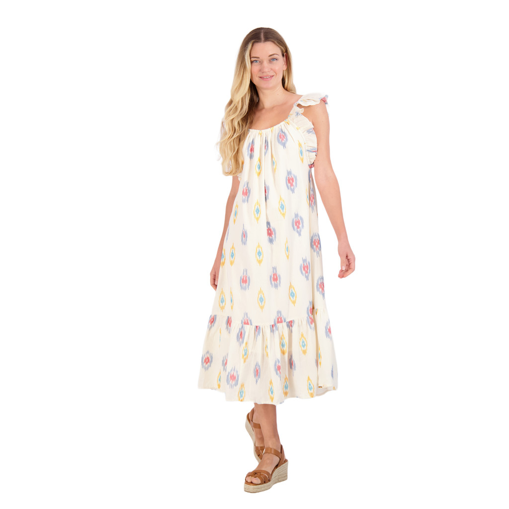 Mer St. Barth Eva Ruffle Sundress in Gold Blue Ikat at Nordstrom, Size Medium | Nordstrom