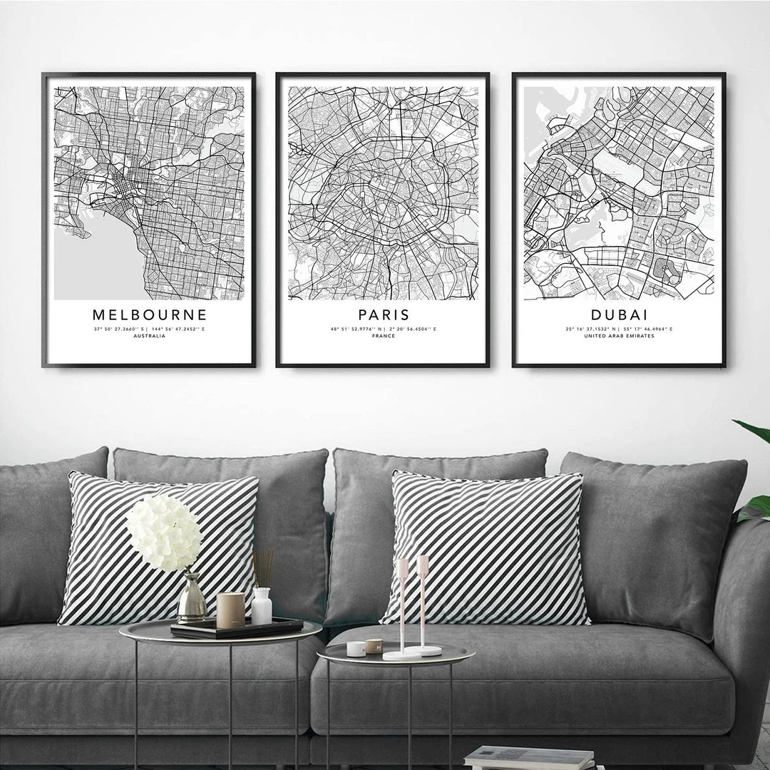 Personalized Set of 3 Any City Map Prints Custom Locations Home Town Print Canvas with Frame Firs... | Etsy (US)