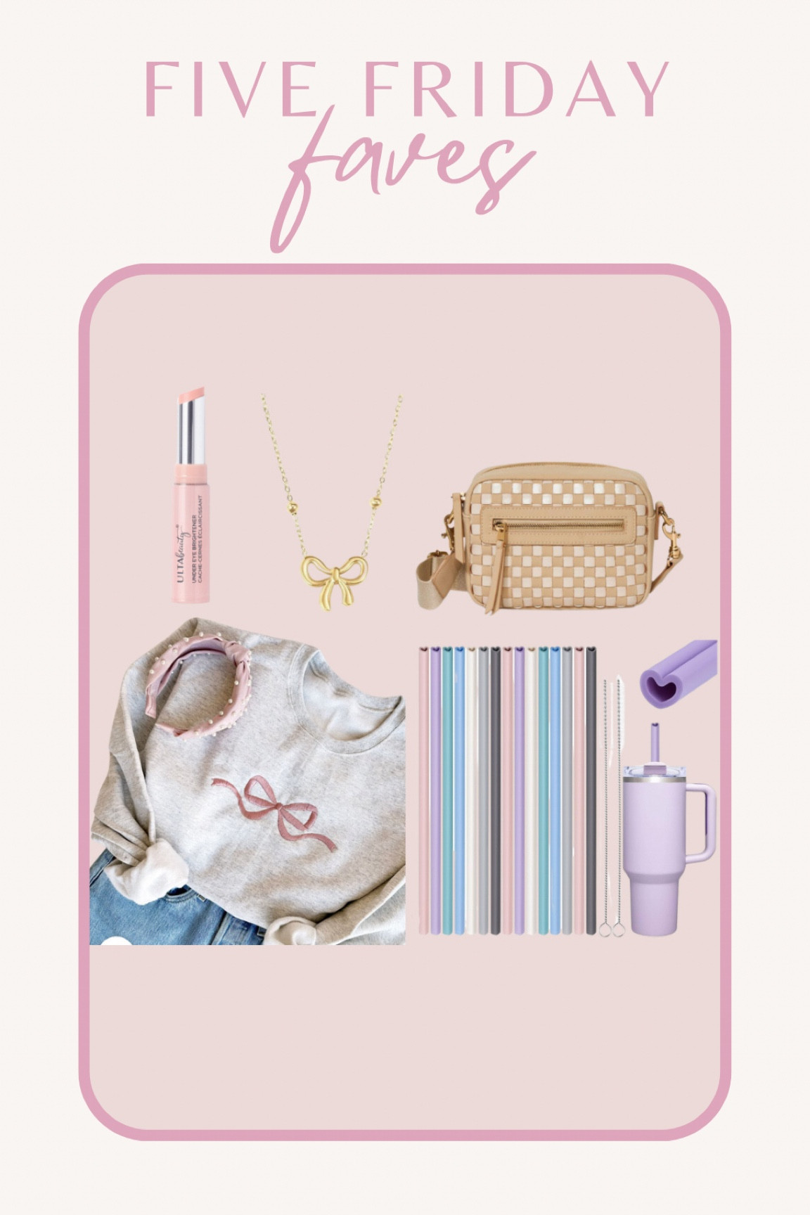 Five Friday faves!

•ulta under eye brighter
•gold bow necklace
•checker print purse
•bow sweatshirt
•heart straws


#amazonfinds #fridayfaves #targetfashion #amazonfashion #coquette #etsyfinds #etsyfashion
