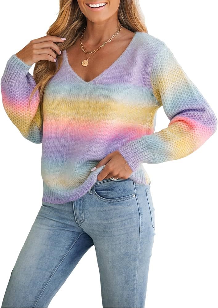 CUPSHE Women Sweater Ombre Rainbow V-Neck Dropped Long Sleeves Stripes Jumper Tops | Amazon (US)