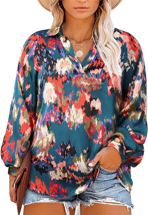 Eytino Plus Size Tops for Women Boho Floral Print V Neck Long Sleeve Summer Loose Blouse Shirts(1... | Amazon (US)